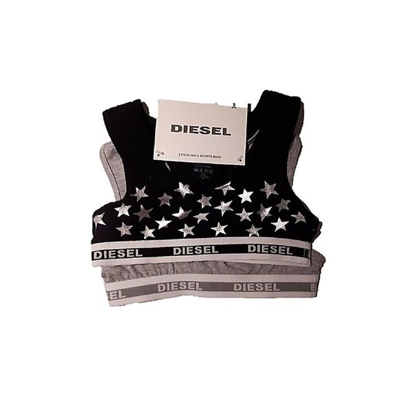 DIESEL 2-PACK Girls SPORTS BRA Heather Grey / Black Silver Stars - Small (6/7)